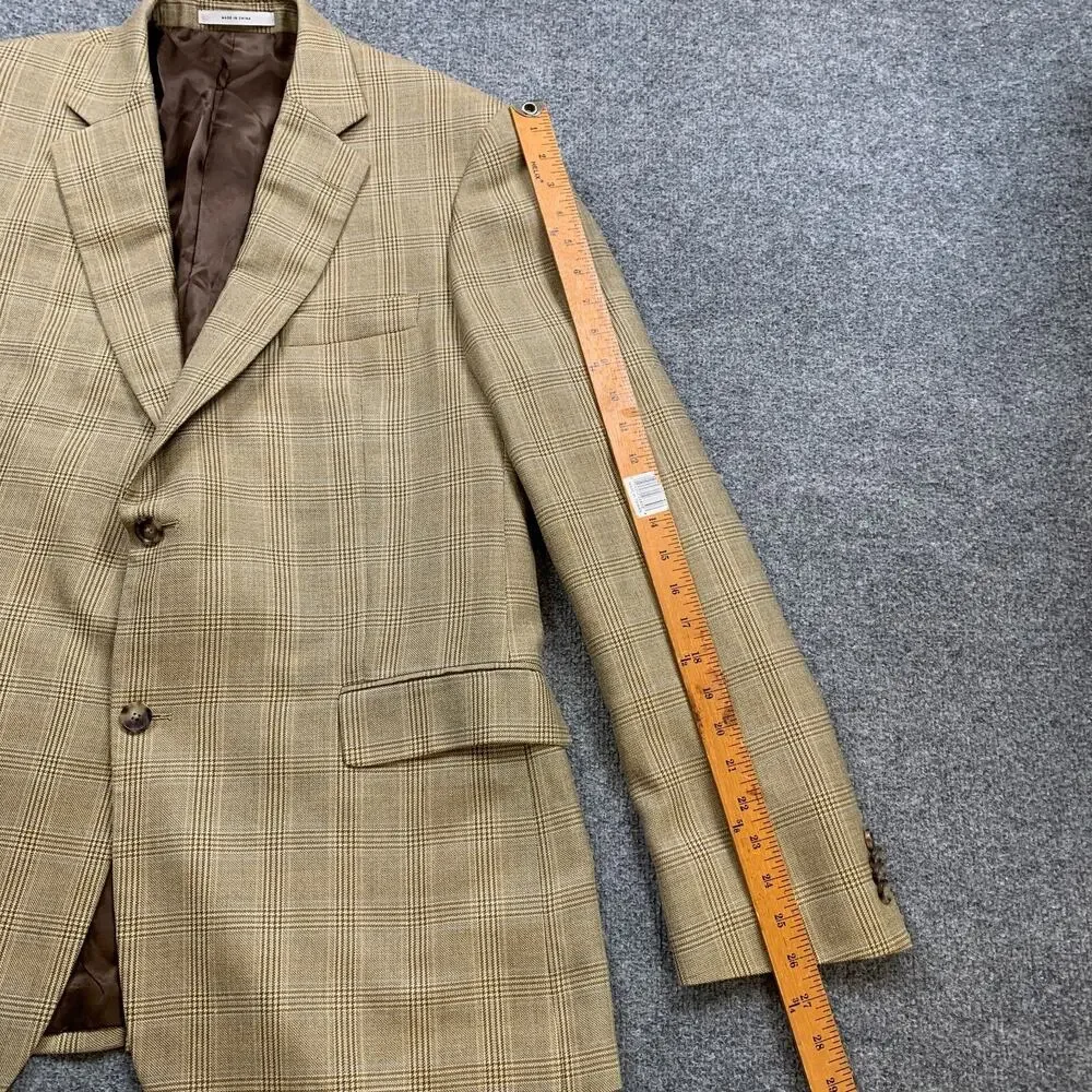 John W Nordstrom Blazer Men 44L Long Straw Beige Blue‎ Plaid Wool Silk Blend